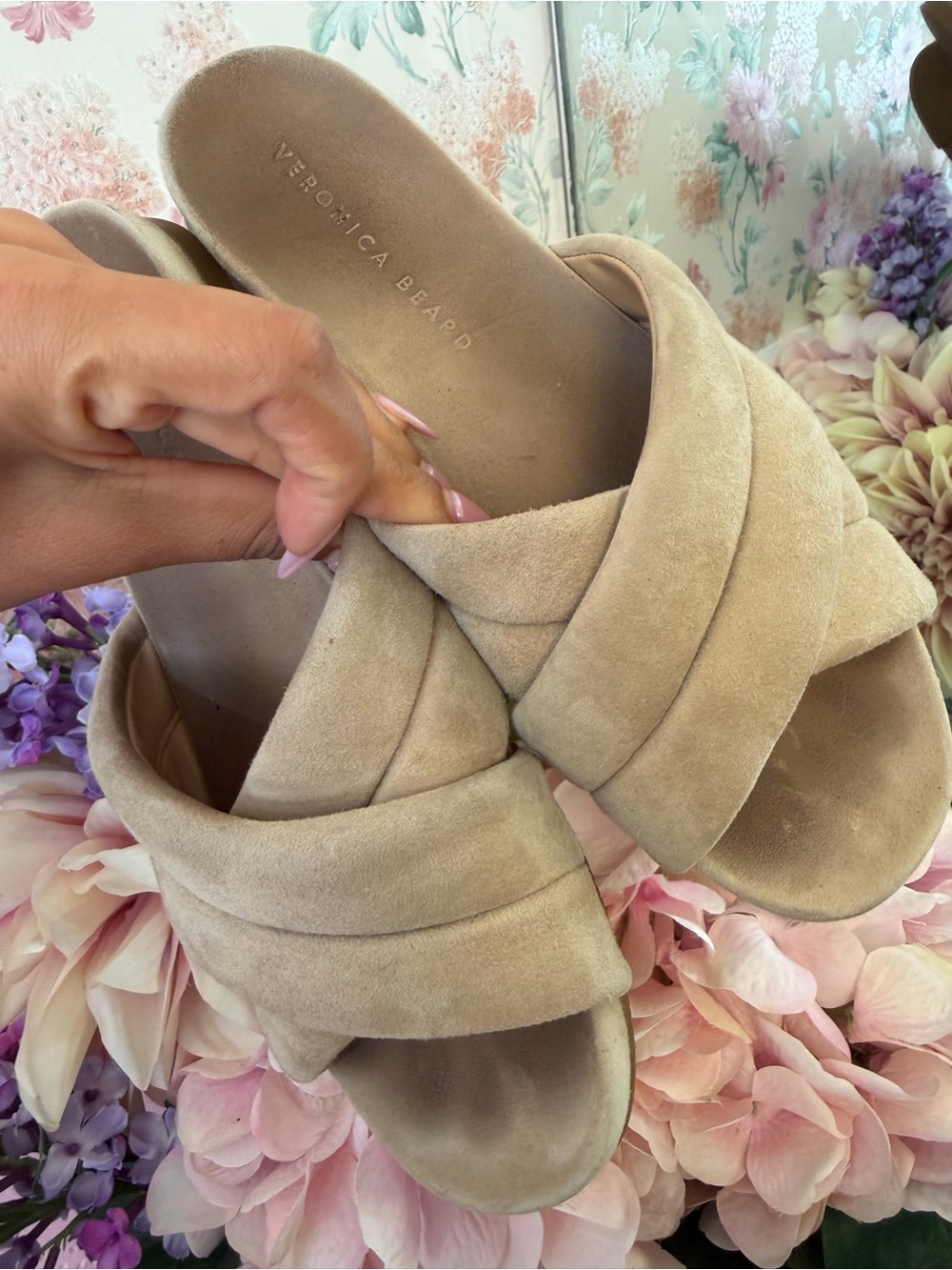 Veronica Beard Tan Suede Padded Crossover Slide Mules